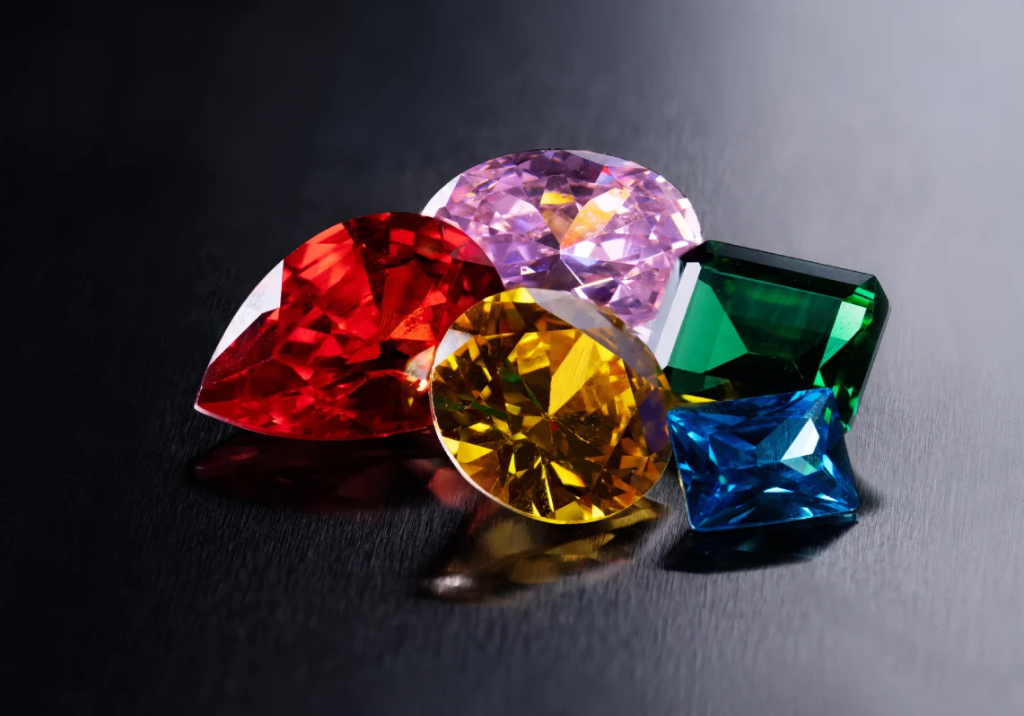 Assorted sparkling gemstones display